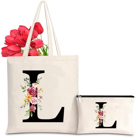 Baumwolltasche personalisiert mit Namen, Frauen Initialen Leinwand Geschenk Tragetasche und Kosmetiktasche für Damen Freundin Mama Schwestern Ehefrau Geburtstag, Valentinstag, Muttertag Tasche(L)