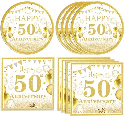 DURYGEN 40 PCS 50th Wedding Anniversary Decorations White and Gold Glitter Happy 50th Anniversary Tableware set Include Plates Napkins for Cheers to 50 Years 50 Year Wedding Birthday Party Supplies