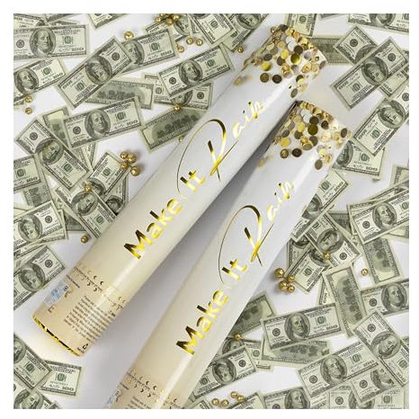 PrimePure Canon Confettis - Confettis Biodegradables Mini Billets Argent 100 Dollars - Lot de 2 - Cannon a Confetti Party Poppers Lanceur de Billet pour Anniversaires, Mariage, et Fete