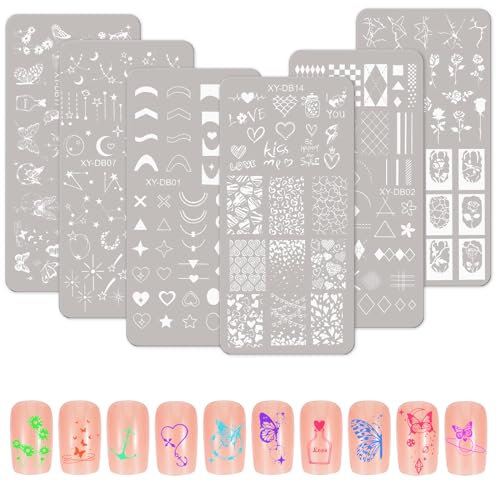 MWOOT 6 Stücke Nagel Schablone Stempel Set, Linien Geometrie Blume Herz Schmetterling Mond Stern Thema Stempel Nageldesign, French Nail Art Stamping Plates Nagelstempel Maniküre Tool Kit