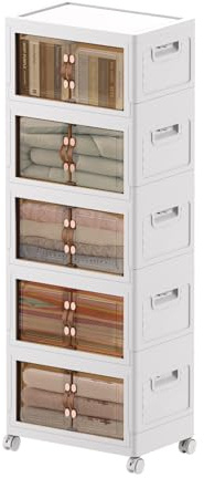 MECOLOR Stapelbare Aufbewahrungsbehälter mit Deckel, 5 x 34 l, faltbare Aufbewahrungsbehälter mit Rollen, Schrank-Organizer und Aufbewahrung mit magnetischer Tür für Wohnzimmer, Badezimmer, Büro (5 x