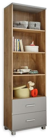 Stella Trading LARISSA Babyzimmer Standregal in Bolton Oak Optik / Arktisgrau - Modernes Regal mit viel Stauraum - 60 x 195 x 35 cm (B/H/T)