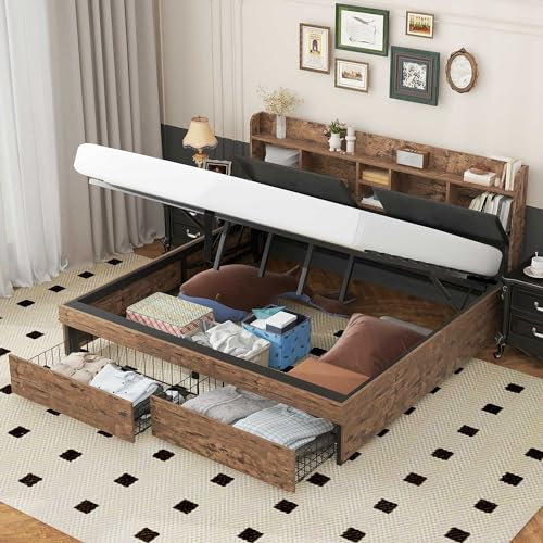 Polsterbett 180 x 200 cm, Metallbett, Jugendbetten, Doppelbett, mit Stauraum-Kopfteil und Metall Lattenrost, Ohne Matratze, Für Erwachsene, Jugendliche, Holzfarbe, Schwarz (180 x 200 cm, Holzfarbe)