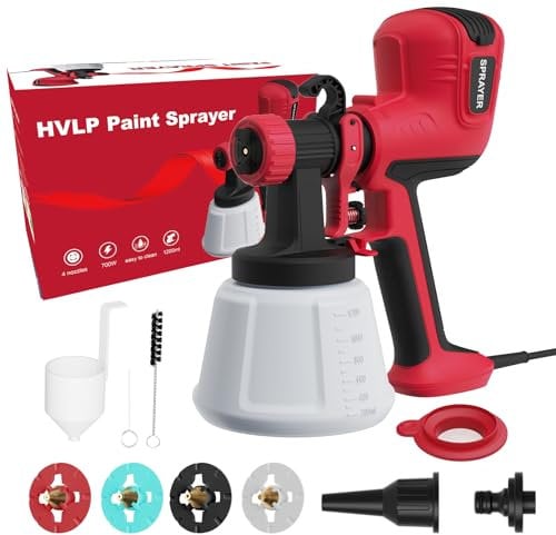 Pistolet a Peinturede, 700W HVLP Pistolet Peinture Electrique avec Joints de Nettoyage et de Soufflage, 4 Buses et 3 Motifs, Facile à Utiliser, pour Abri de Jardin, Meubles, Clôtures, Murs, etc.