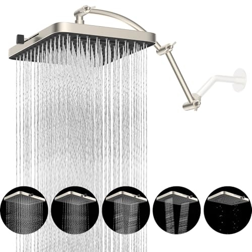 Hibbent Regenduschkopf, 33 cm Hochdruck-Regenfall, 5 Sprühmodi, Duschkopf mit 40,6 cm Duschkopf-Verlängerungsarm, Messing, verstellbare Duscharmverlängerung, Wasserfall-Duschköpfe, gebürstetes Nickel