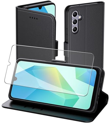 Aiziki Handyhülle für Samsung Galaxy A16 Tasche+1pc panzerglas, RFID Leder Klappbar Schutzhülle Tasche Wallet Brieftasche Cover Flip Case Kompatibel mit Samsung Galaxy A16 Hülle -Schwarz
