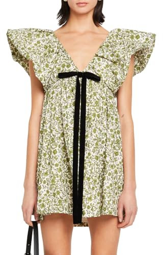 hibshaby Women's Floral Print Mini Dress V Neck Puff Sleeve Dress Short Babydoll Bow Dress, Printed Green, M