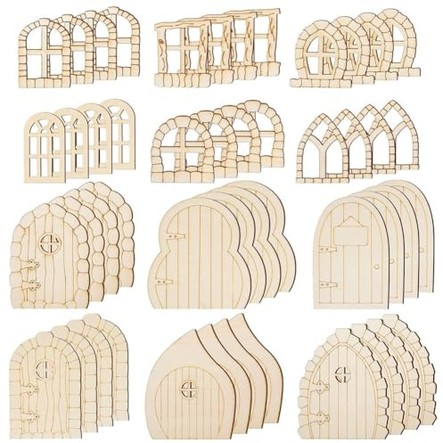 Giyofom 48 piezas puerta de hadas puertas de jardín de madera artesanía mini ventana kit de casa de hadas puerta en miniatura sin terminar ventana de hadas sin pintar