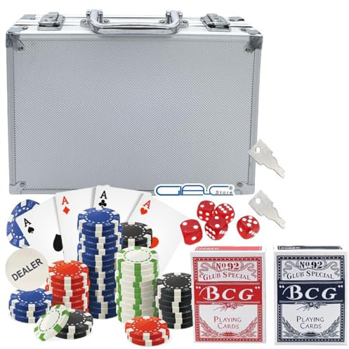 Glac Store Valigetta da Poker Texas Hold'em Blackjack, 200 Chips, 2 Mazzi di Carte Blu e Rosse, 5 Dadi, Argento
