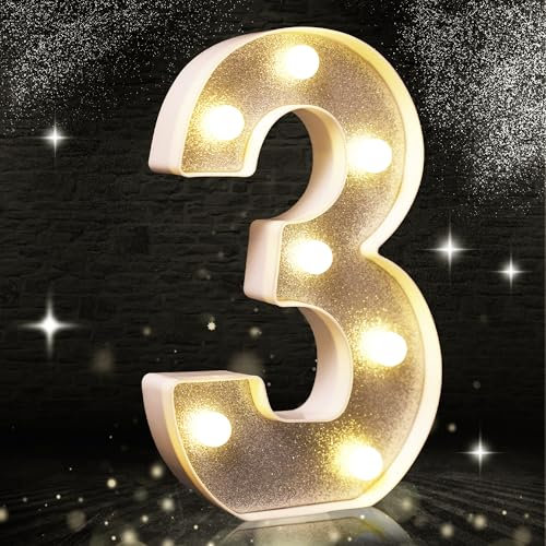LED-Leuchte Nummer 3 mit silberner Glitzerverzierung, glitzernde Zahlenlichter, geeignet für Geburtstagsparty-Dekoration, Babyparty, Hochzeitshintergrund, Heimdekoration, 21,6 cm, silberfarbene Zahl 3