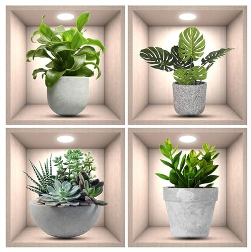 4uds Pegatinas de Pared de Plantas 3D, Calcomanías de Pared de Plantas Verdes Pegatinas de Pared de Plantas en Maceta 3D para Embellecer e Iluminar Pasillo Recibidor Dormitorio Escuela
