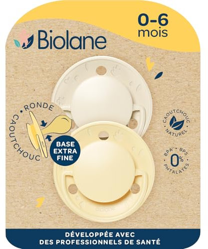 BIOLANE - Tétines rondes - Sucettes extra-fines - 0 à 6 mois - Jaune et Beige - Téterelle en caoutchouc naturel - Respect du développement bucco-dentaire- Douces et confortables