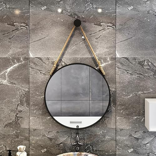 Specchio rotondo con corda per appendere la decorazione del bagno e della camera da letto, 81,3 cm, specchio in metallo nero