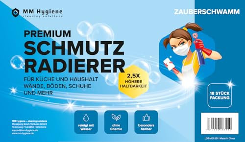 MM Hygiene® Schmutzradierer – 18 Stück Packung – Radierschwamm für weiße Wände, Schuhe und Böden – Robuster Zauberschwamm Magic Eraser für alle Arten von Flecken