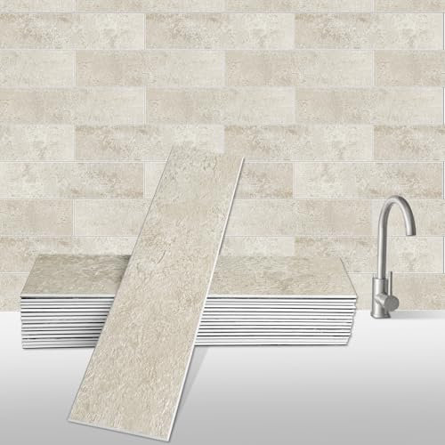 Peel and Stick Backsplash Wall Tile for Kitchen, 24-Sheet Subway Adhesive PVC Mosaic Tiles Decorative Backsplash Tiles Stick on Bathroom(Ivory Yellow)