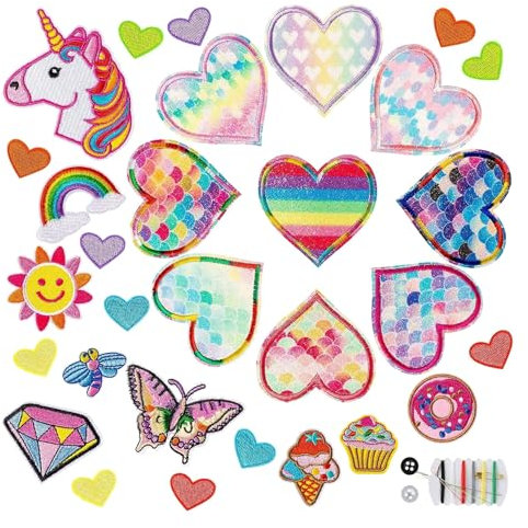 JAONLD Iron On Patches, 30 Pcssew on Patches Hearts Iron On Patch Unicorn Rainbow Butterfly Fabric Stickers Embroidered DIY Applique Patches for Kid Girls Clothing Backpack Hat Jean Dress