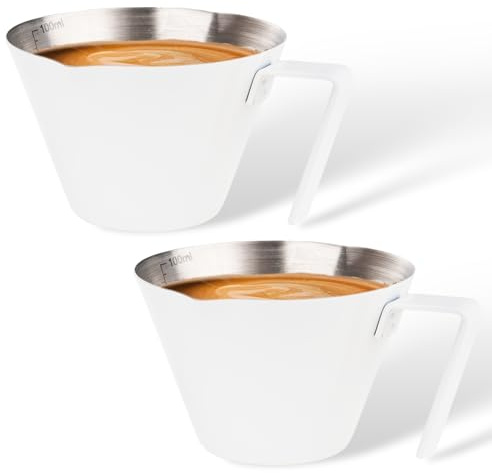 YARRAMATE Stainless Steel Espresso Shot Cup, 3.4oz (White, 2 Pack) | Heat Insulated Grip, Stackable, Dual-Scale Accuracy, Easy to Rinse Clean, Fits Espresso Maker