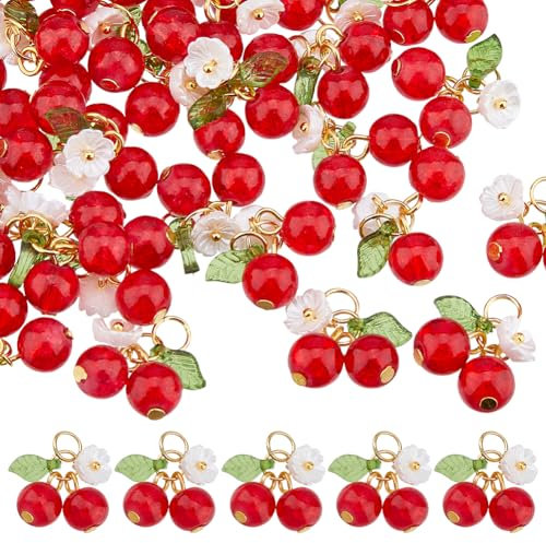 DICOSMETIC 50Pcs Breloques en Verre de Cerises Rouges en Vrac avec Feuilles et Fleurs en Acrylique 3Breloques en Forme de Cerises avec Boucle Mini Breloques Mignonnes pour la Confection de Bijoux