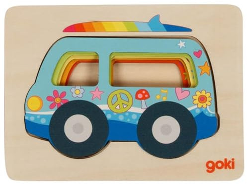 goki 57304 – Schichtenpuzzle Van – 5-lagiges Puzzle für Kleinkinder aus Holz mit hippen Fahrzeugmotiven