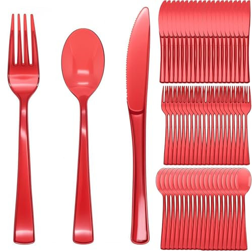 90piezas de cubiertos reutilizables,cubiertos translúcidos,Para Mesas De Comedor Fiestas, vajilla para celebraciones familiares, cena al aire libre (cuchillo/horquilla/cuchara cada 30) (rojo)