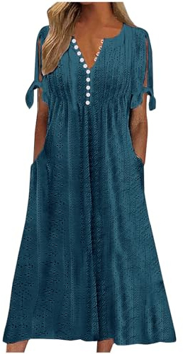 Dresses for Women UK, Holiday Essentials Ladies Summer Boho Dresses Short Sleeve Casual Beach Midi Sundress V Neck Hollow Out Eyelet Ruffle Swing A Line Flowy Vacation Dress