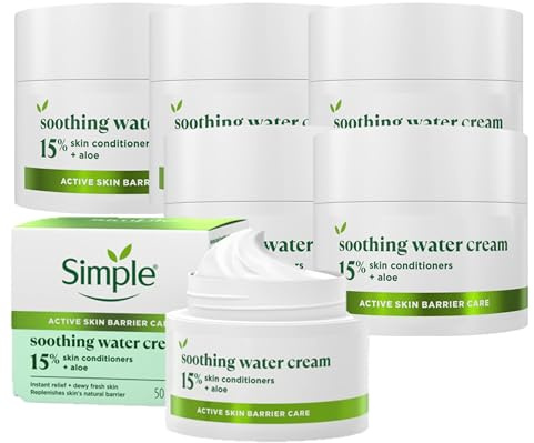 Simple Soothing Water Face Cream facial moisturiser with 15% skin conditioners, aloe and ceramide boosters for a healthy skin barrier calms and hydrates dry, sensitive skin 50 ml - multipack of 6