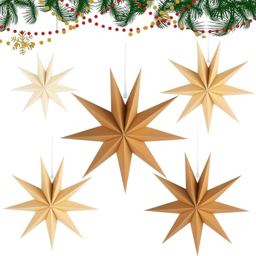 5 Stück Papiersterne Weihnachten Faltsterne 1*25 cm 2 *30 cm1 *35 Cm 1*40 Cm,9 Zacken Papiersterne zum Aufhängen , Weihnachtsstern Deko für Fenster Weihnachtsbaum Hochzeit Party Geburtstag