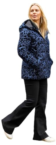 Roman Originals Flock Padded Coat with Hood for Women UK - Ladies Flock Quilt Quilted Waterproof Windproof Autumn Winter Everyday Animal Floral Print Funnel Neckline