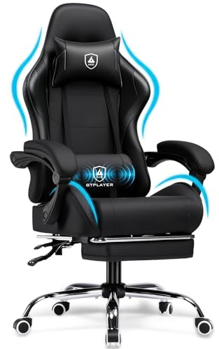 GTPLAYER Gaming Chair, Massage Computer Chairs with Footrest, Headrest and Lumbar Support Height Adjustable Ergonomic 360°-Swivel PC Chair