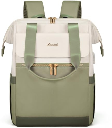 LOVEVOOK Rucksack Erbsengrün, Moderner Laptop Schulrucksack, Schultasche Teenager Backpack Women Elegant Tagesrucksäcke Handtasche 2 in 1, 15,6 Zoll für Uni Büro Arbeit, Beige & Erbsengrün