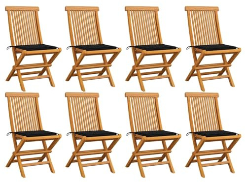 Frdhee Lot de 8 chaises de bistrot avec coussins noirs en teck massif pour balcon, piscine, terrasse