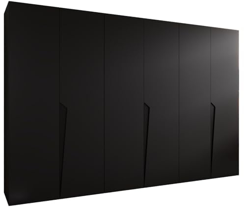 MEBLE KRYSPOL - Kleiderschrank - Garderobenschrank - 300 cm x 202 x 52 cm - Schrank mit Kleiderstange, 6 Türen - für Schlafzimmer, Flur - Piano, Schwarz, Griff Schwarz