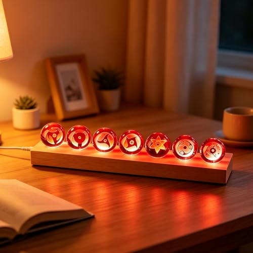 Fhlprte 3D Sharingan Kristallkugel Nachtlicht,7 Verschiedene Muster von Kristallkugel Nachtlicht,bunte Glaskristallkugeln mit LED- Holzsockel,für Weihnachten/Geburtstag Astronomie Geschenk
