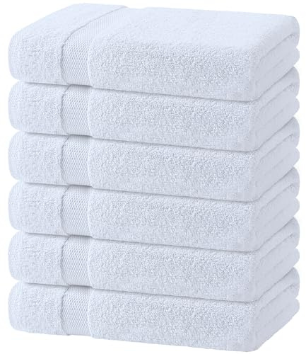 White Classic Wealuxe Cotton Bath Towels - 61x127 CM - Lightweight Soft and Absorbent Gym Pool Towel - 6 Pack - White