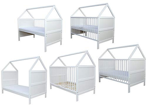 Micoland Babybett Kinderbett Juniorbett Bett Haus 140x70 cm umbaubar mit Matratze Weiss