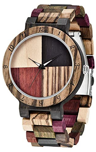 Tiong Herren Uhr Holzuhr Armbanduhr Quarz schwarz mit Holz-Armband Kalender Datum Holzuhr Herren…