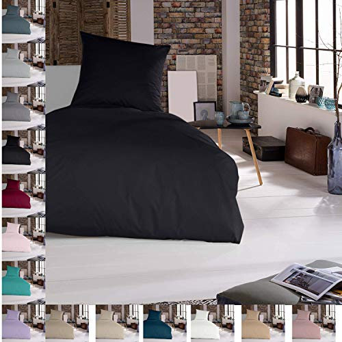 Mixibaby 2 TLG Bettwäsche Bettgarnitur Bettbezug 135 x 200 cm 100% Baumwolle Bettwäschen, Farbe Bettwäsche:Schwarz