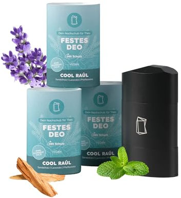 Duschbrocken Festes Deo Starterset - 3x Cool Raúl Deodorant mit Deo-Behälter - Herb & Frisch - 24h Schutz ohne Aluminium - Vegan & Plastikfrei - 316g