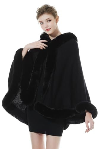 BEAUTELICATE Damen Strick Poncho Strickponcho Cape Kunstpelz Stola Warm Felljacke Kurz Brautjacke Strickjacke mit Kapuze für Winter Hochzeit Abendkleid, Schwarz