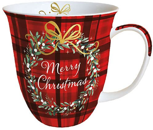 Ambiente Tasse en porcelaine - env. 400 ml - Tasse en porcelaine - Pour thé ou café, automne, hiver, Noël, plaid rouge