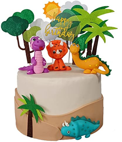 JollyEst® 3D Dinosaur Cake Topper | Colourful Clay 14 Piece Set | Handmade polymer clay and felt with Happy Birthday sign | Dinosaur Birthday Decorations | Baby Boy Cake Decorations