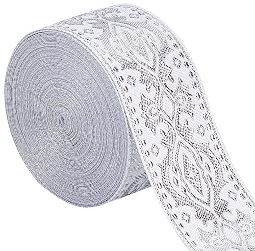 GORGECRAFT Ethnisches Jacquard-Band 33 mm Breit Doppelseitig Silber Blumenstickerei Polyester Gewebt Weißes Rand-Fransenband Für Heimwerker Nähen Basteln Kleidung Vorhänge Dekoration Zubehör