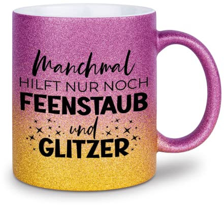 glitzertassen.de® | Manchmal hilft nur Feenstaub und Glitzer | Tasse mit Glitzer | Geschenkidee | Geburtstag | Lustige Sprüche | Kaffeetasse | Keramik | 330 ml | Violettgold