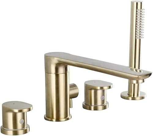 4-Loch Wannenrandarmatur Wannenkombination Wannenarmatur Gebürstet Gold Zwei Griffe Wasserhahn Badewanne Armatur Badewannenarmatur mit Ausziehbarem Handbrause 180 Dreh Kalt und Kalt