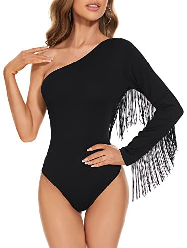 Durio Body Damen Elegant Bodysuit Women Sexy Langarm Sheer Oberteil mit Quasten Festival Party Outfit Damen Schwarz L