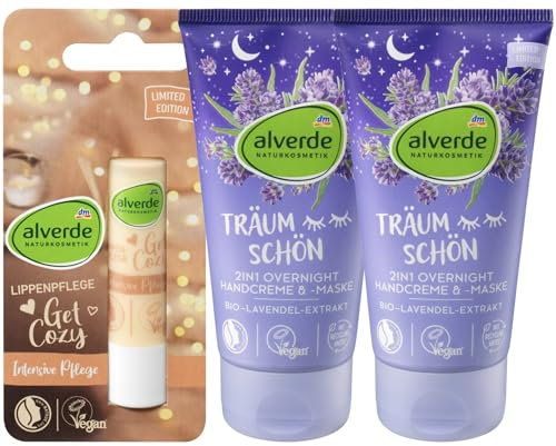 Alverde NATURKOSMETIK 3er-Set Hautpflege: Lippenpflege GET COZY (4,8 g) + Handcreme & -maske TRÄUM SCHÖN 2in1 Handpflege für trockene Hände mit Lavendel (2 x 75 ml), 150 ml