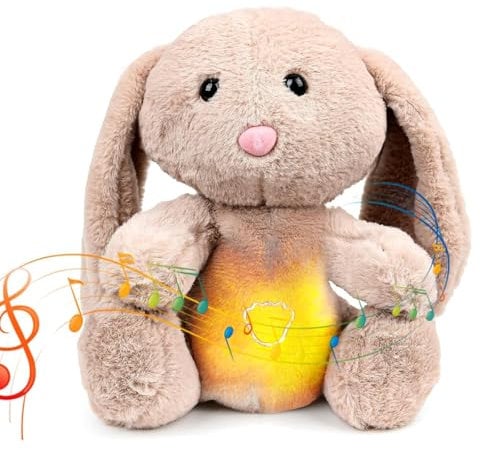 xinrongda Kuscheltier Hase Ostern Kaninchen, Schlummer Hase mit Lichtern und Sanfter Musik, Nachtlicht mit Musik für Babys, Ostern Relief Plüschtiere für Babyparty & Neugeborenen Geschenk Spielzeug