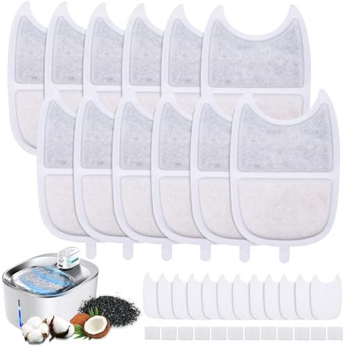 12Pcs Cat Water Fountain Filters, Cat Fountain Filters Set, 12Pcs Activated Carbon Filter and 24Pcs Foam Filter, Cat Mate Filters, Pet Water Fountain Filters Replacement for 4L Cat Water Fountain