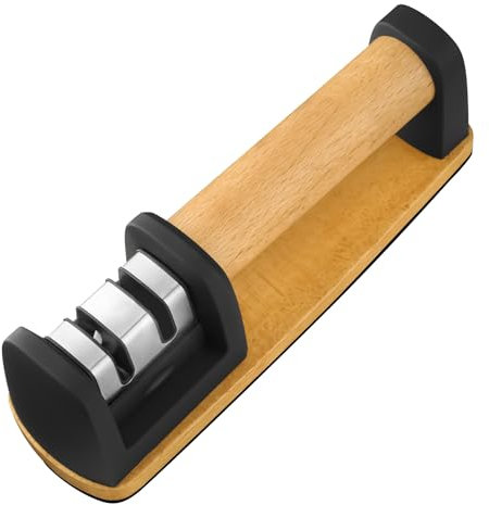 Chstarina Aiguiseur Couteaux Professionnel, Aiguiseur de Couteaux Manuel avec Base Anti-dérapante et Manche en Bois, Aiguiseur de Cuisine Professionnel en Tungstène, Céramique et Acier Inoxydable