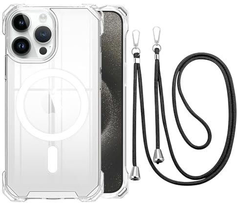 CAROKI Crossbody Lanyard Case for iPhone 14 Pro Max,Ultra Clear Hard Back Magnetic Case Compatible with MagSafe Bumper with Strap Adjustable Neck Cord Cover for iPhone 14 Pro Max-Clear